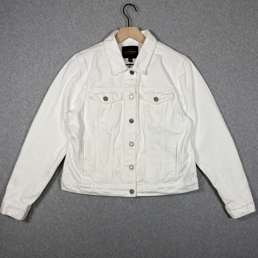 Lucky Brand The Tomboy Trucker White Denim Jacket Womens Large L Button Up